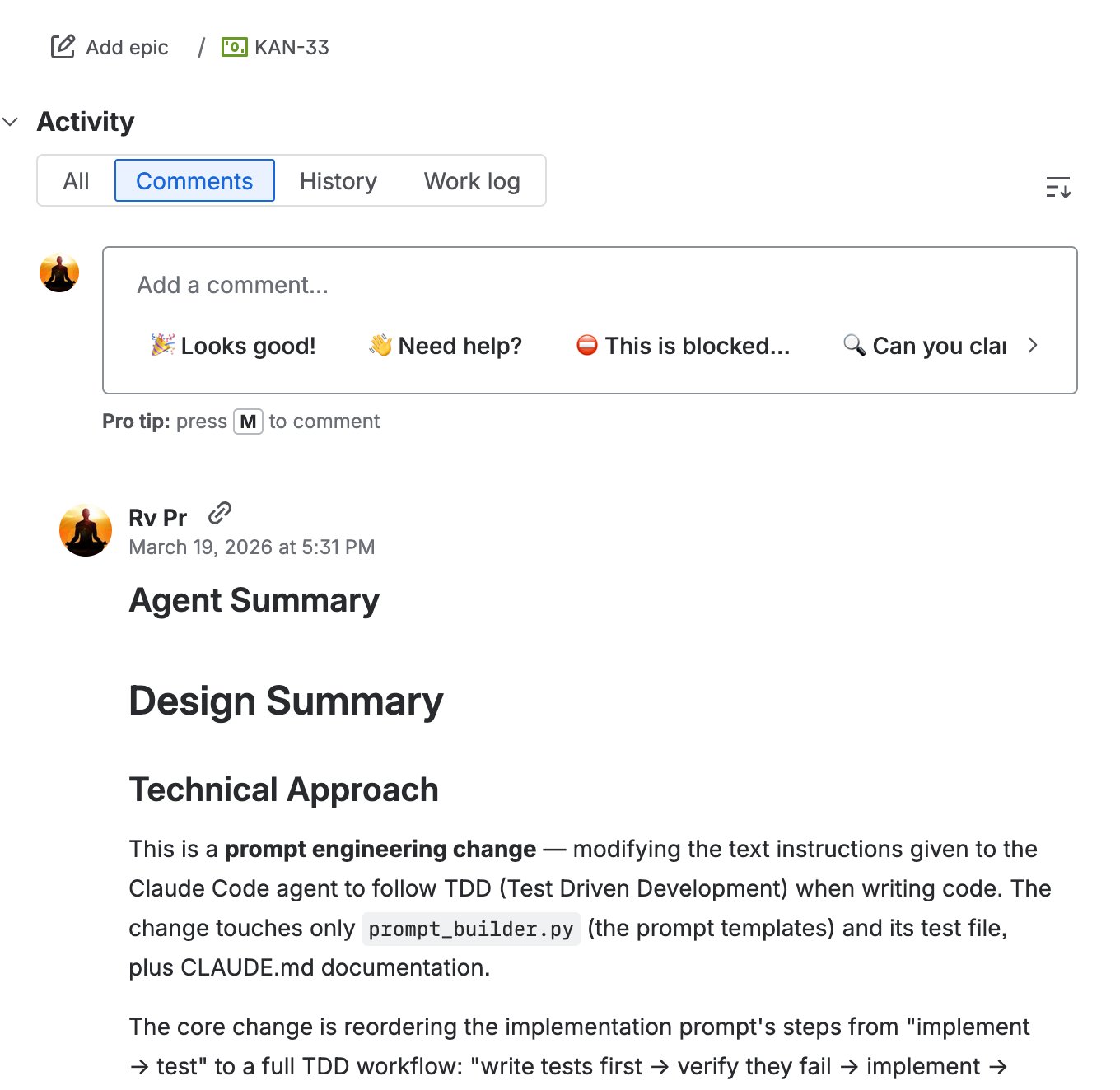 CodeProdigy agent summary posted as a comment in Jira